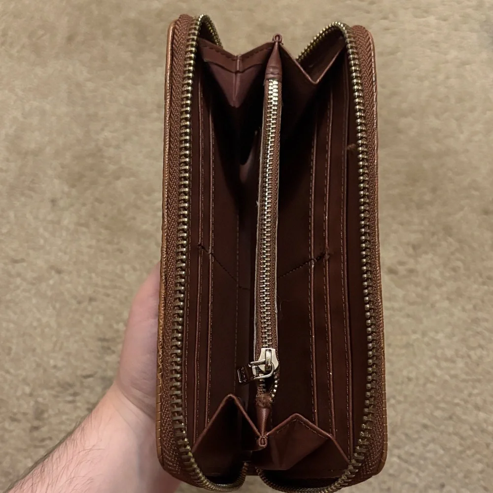 BCBG Brown Croc-Embossed Zip-Around Wallet with Gold Plate
